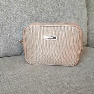 Versace parfums tan patent leather and straw makeup bag